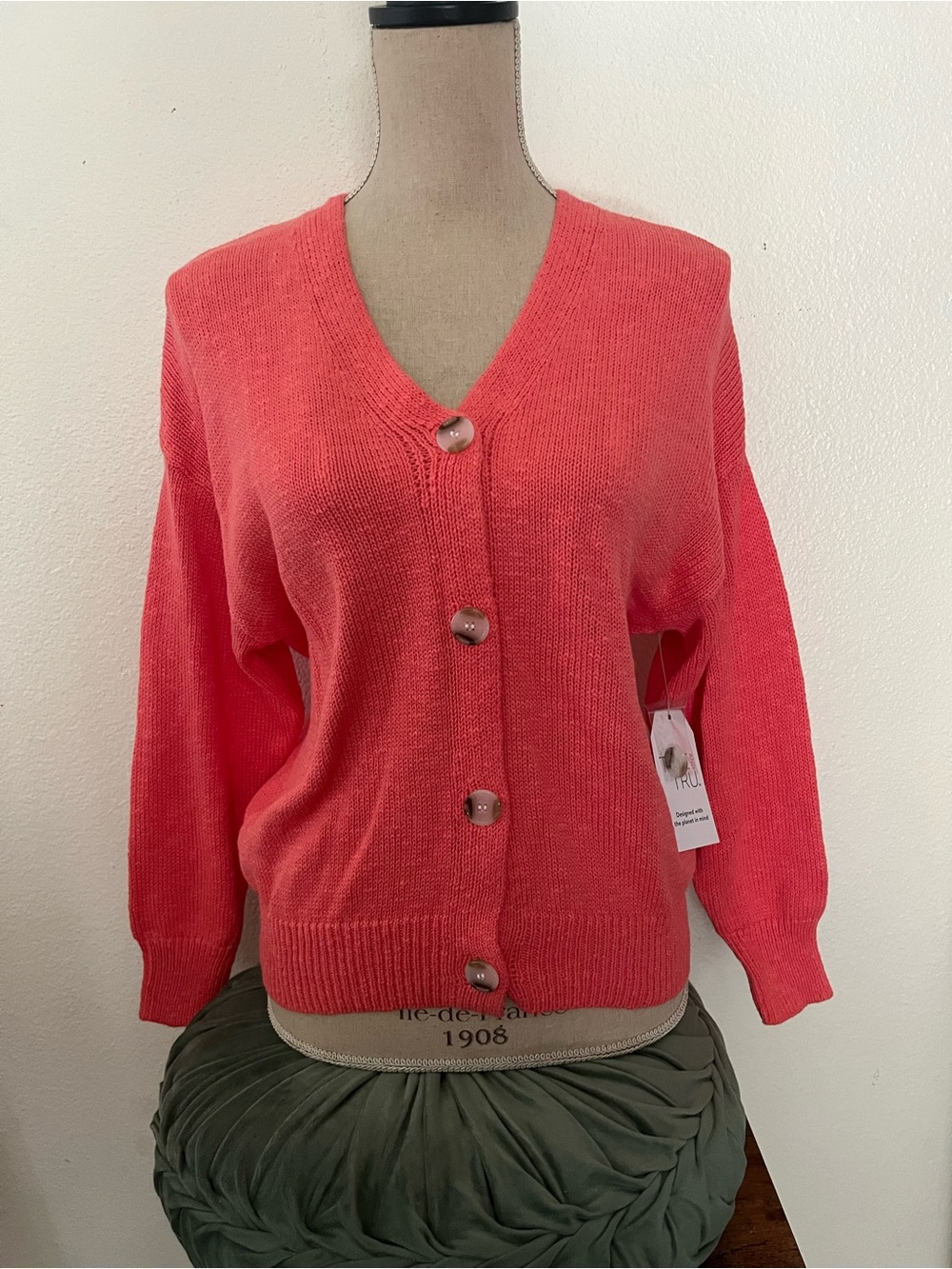 Time and Tru Coral Button-Front V-Neck Cardigan